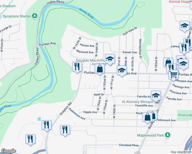 map of restaurants, bars, coffee shops, grocery stores, and more near 4507 West 193rd Street in Cleveland