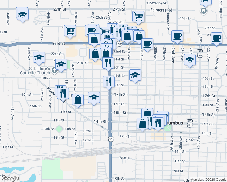 map of restaurants, bars, coffee shops, grocery stores, and more near 1699 Lincoln Highway in Columbus
