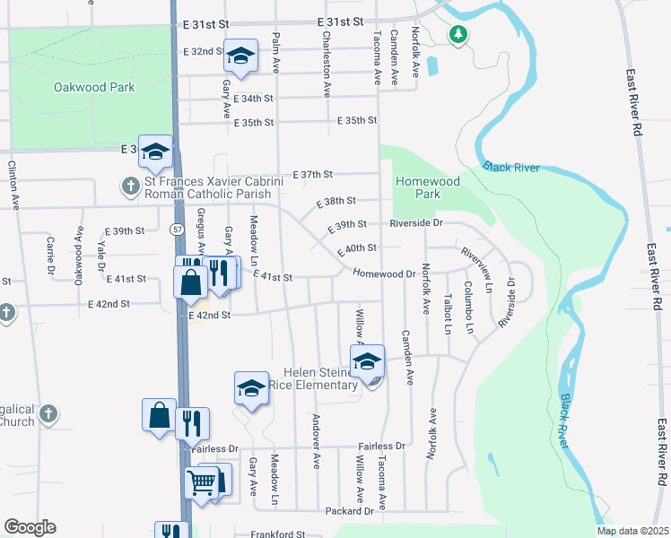 map of restaurants, bars, coffee shops, grocery stores, and more near 2507 East 41st Street in Lorain