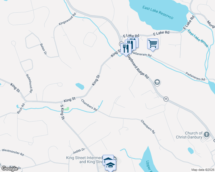 map of restaurants, bars, coffee shops, grocery stores, and more near 18 King Street in Danbury