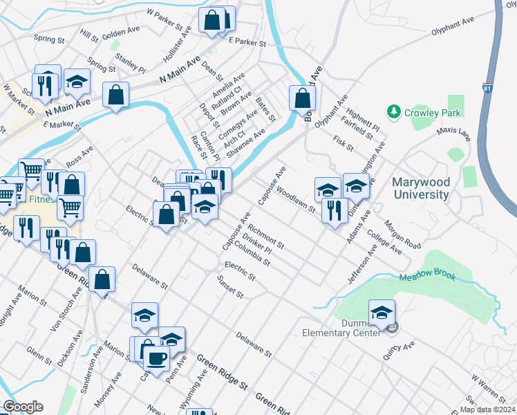 map of restaurants, bars, coffee shops, grocery stores, and more near 902 Grandview Street in Scranton