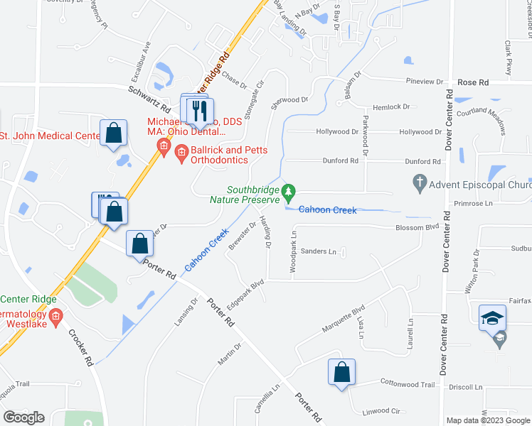 map of restaurants, bars, coffee shops, grocery stores, and more near 28505 Southbridge Circle in Westlake