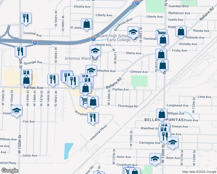 map of restaurants, bars, coffee shops, grocery stores, and more near Puritas Ave & Bellaire Rd in Cleveland