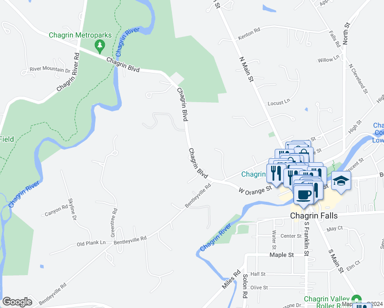 map of restaurants, bars, coffee shops, grocery stores, and more near 143 Chagrin Boulevard in Chagrin Falls