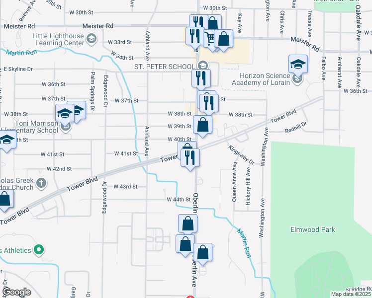 map of restaurants, bars, coffee shops, grocery stores, and more near 1200 Tower Boulevard in Lorain