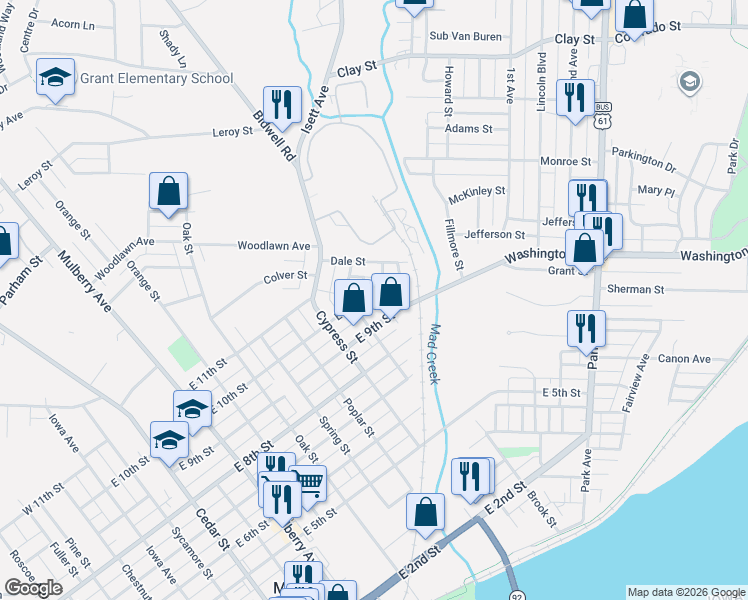 map of restaurants, bars, coffee shops, grocery stores, and more near 1101-1199 Lombard Street in Muscatine