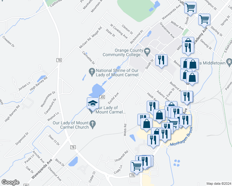 map of restaurants, bars, coffee shops, grocery stores, and more near 37 Euclid Avenue in Middletown