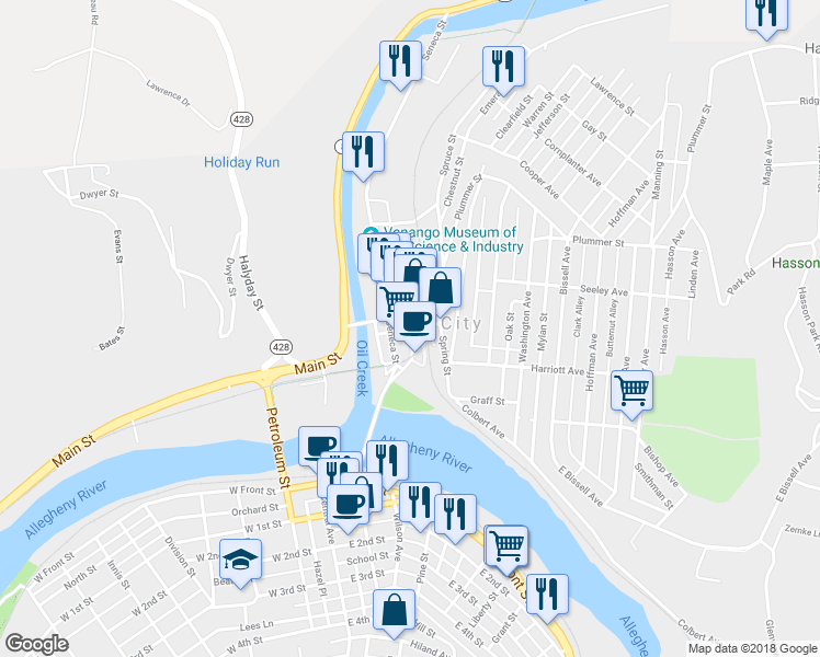 map of restaurants, bars, coffee shops, grocery stores, and more near 98 Elm Street in Oil City