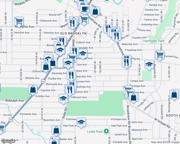 map of restaurants, bars, coffee shops, grocery stores, and more near 3103 Ruby Avenue in Cleveland