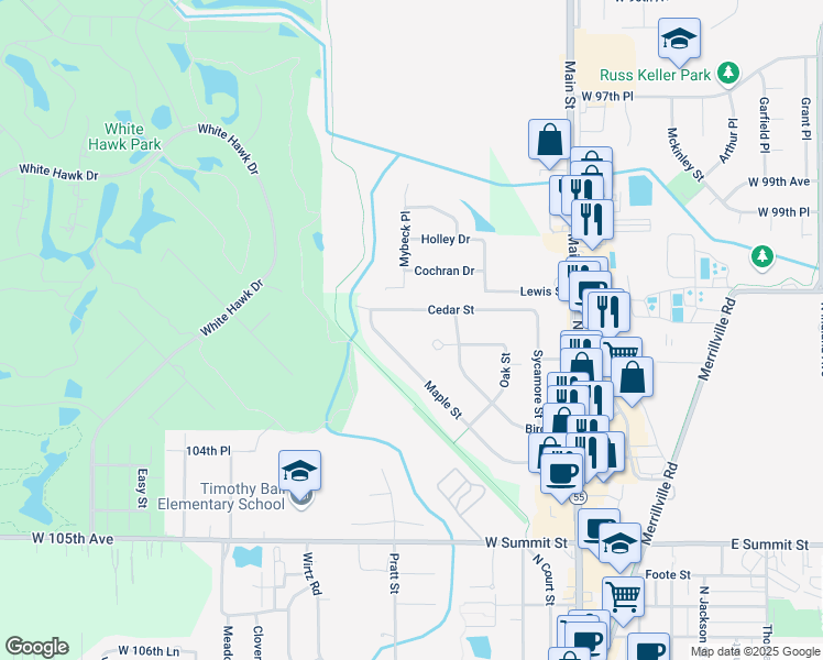 map of restaurants, bars, coffee shops, grocery stores, and more near 308 Cedar Street in Crown Point
