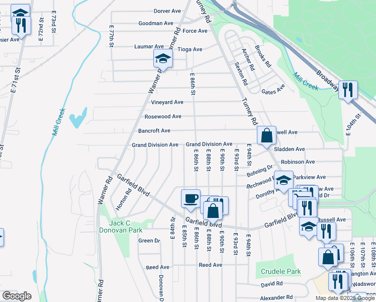 map of restaurants, bars, coffee shops, grocery stores, and more near 8505 Grand Division Avenue in Cleveland