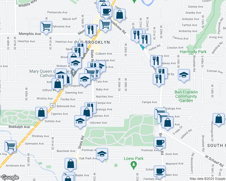 map of restaurants, bars, coffee shops, grocery stores, and more near 3009 Tate Avenue in Cleveland