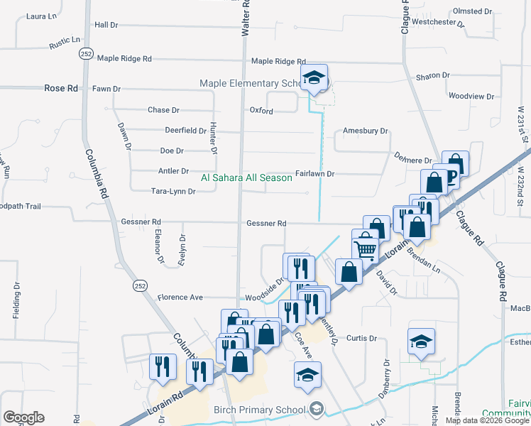 map of restaurants, bars, coffee shops, grocery stores, and more near 24411 Woodmere Drive in North Olmsted