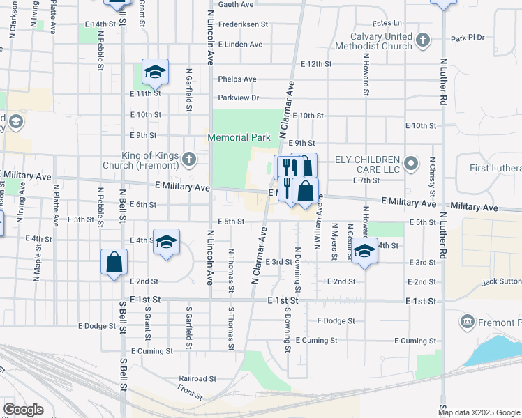 map of restaurants, bars, coffee shops, grocery stores, and more near 1725 East Military Avenue in Fremont