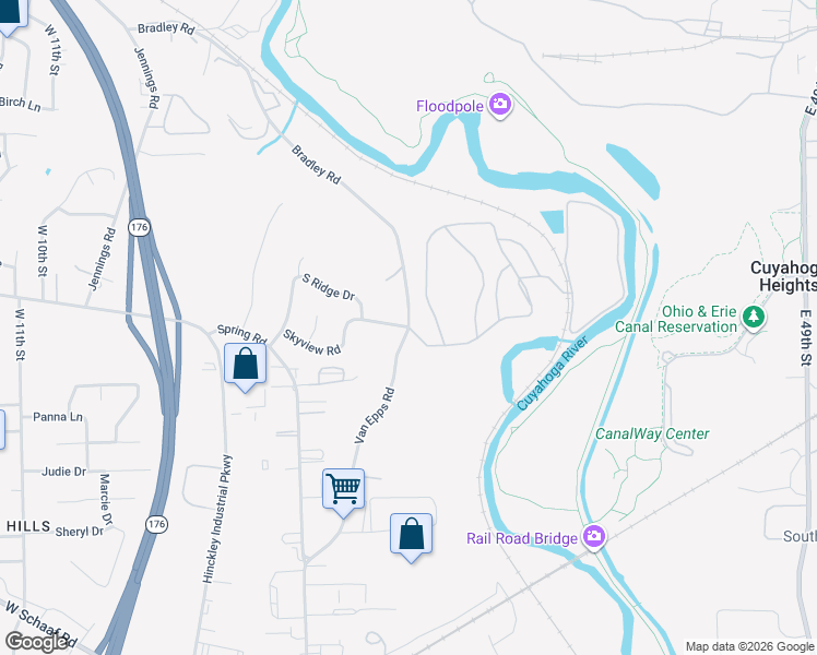 map of restaurants, bars, coffee shops, grocery stores, and more near 4535 Bradley Road in Cleveland
