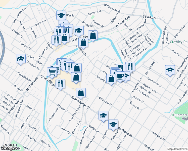 map of restaurants, bars, coffee shops, grocery stores, and more near 1801 Meylert Avenue in Scranton