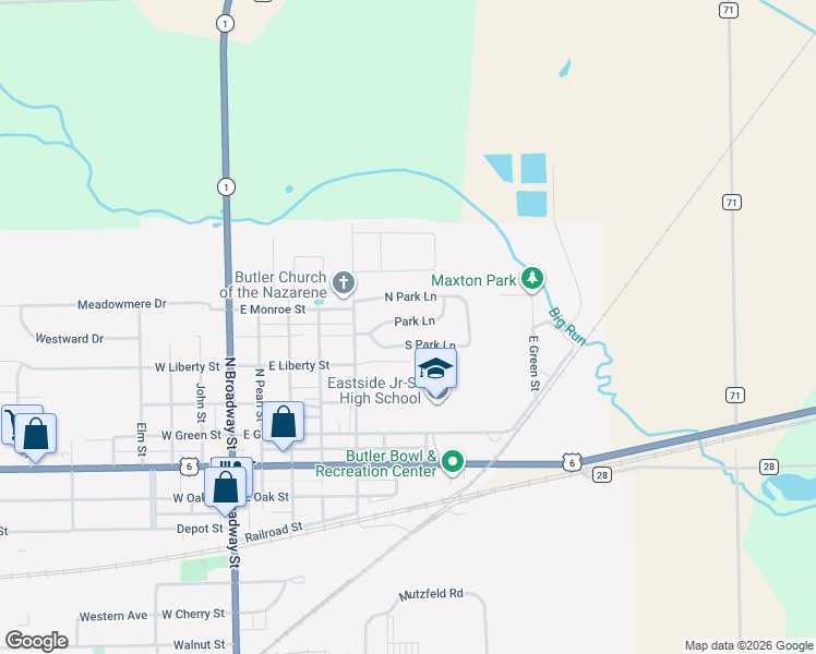 map of restaurants, bars, coffee shops, grocery stores, and more near 332 North Park Lane in Butler