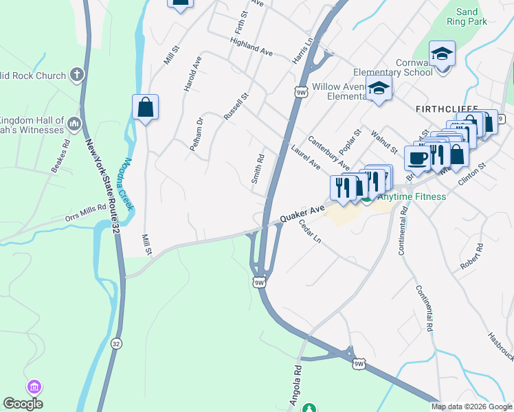 map of restaurants, bars, coffee shops, grocery stores, and more near 17 Brewster Road in Cornwall