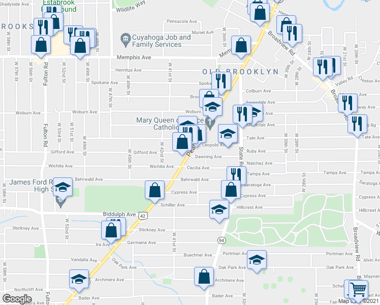 map of restaurants, bars, coffee shops, grocery stores, and more near Pearl Rd & Gifford Ave in Cleveland