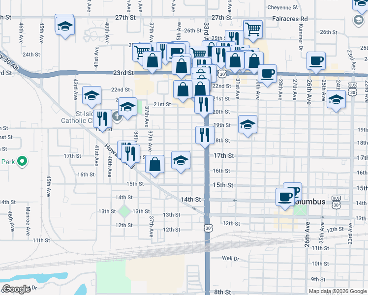 map of restaurants, bars, coffee shops, grocery stores, and more near 1801-1849 34th Avenue in Columbus