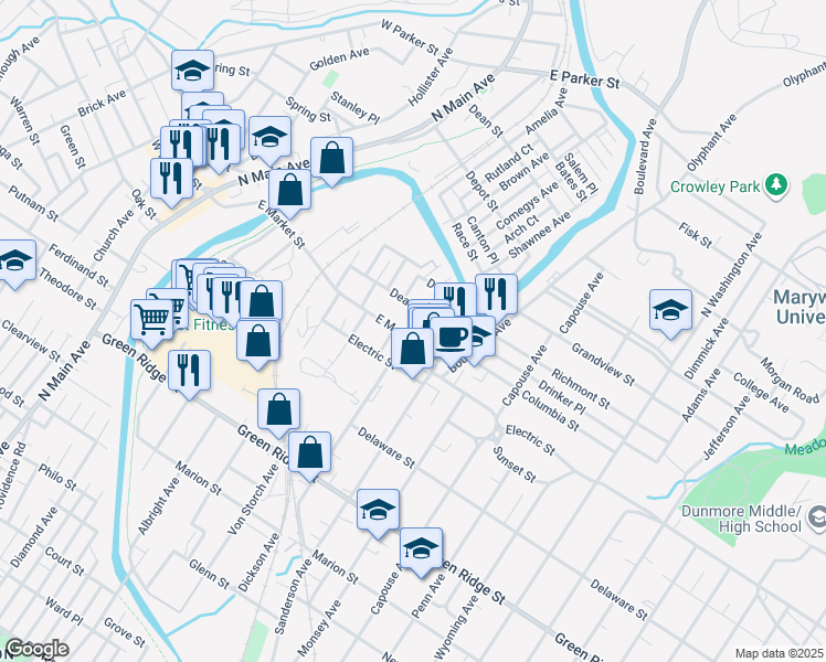 map of restaurants, bars, coffee shops, grocery stores, and more near 536 Deacon Street in Scranton