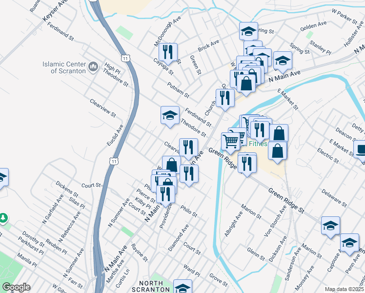map of restaurants, bars, coffee shops, grocery stores, and more near 1539 North Main Pilot Agreeme in Scranton