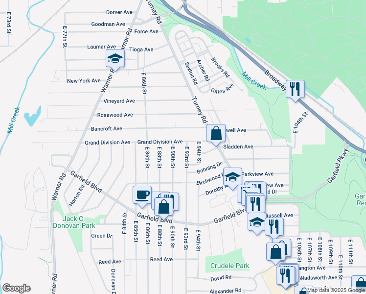 map of restaurants, bars, coffee shops, grocery stores, and more near 9309 Grand Division Avenue in Cleveland