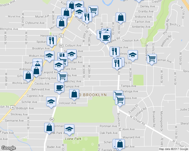 map of restaurants, bars, coffee shops, grocery stores, and more near 2713 Tate Avenue in Cleveland