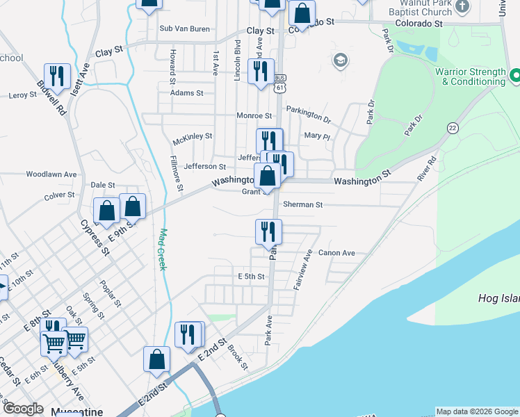 map of restaurants, bars, coffee shops, grocery stores, and more near 1548 Grant Street in Muscatine