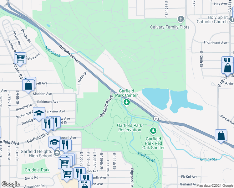 map of restaurants, bars, coffee shops, grocery stores, and more near 11350 Broadway Avenue in Cleveland