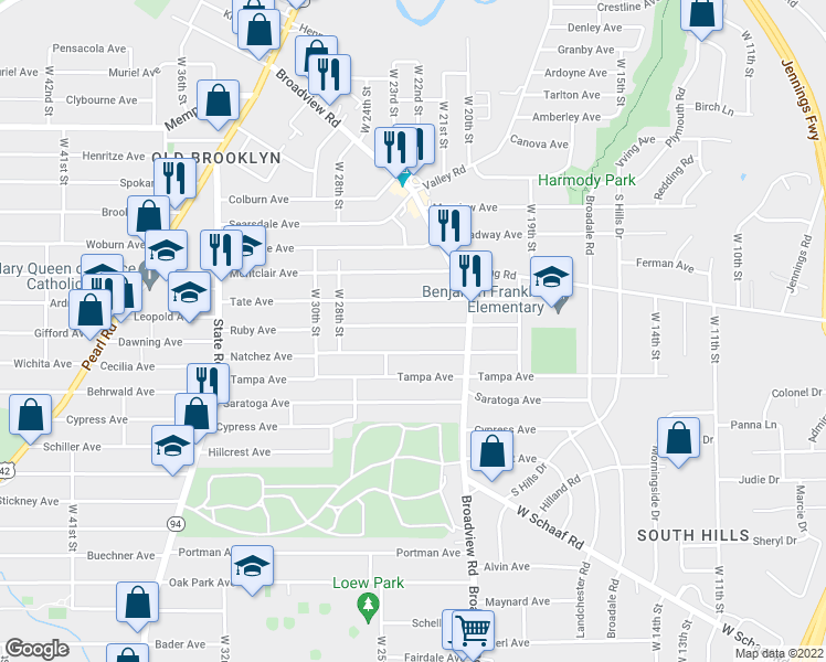 map of restaurants, bars, coffee shops, grocery stores, and more near 2315 Hood Avenue in Cleveland