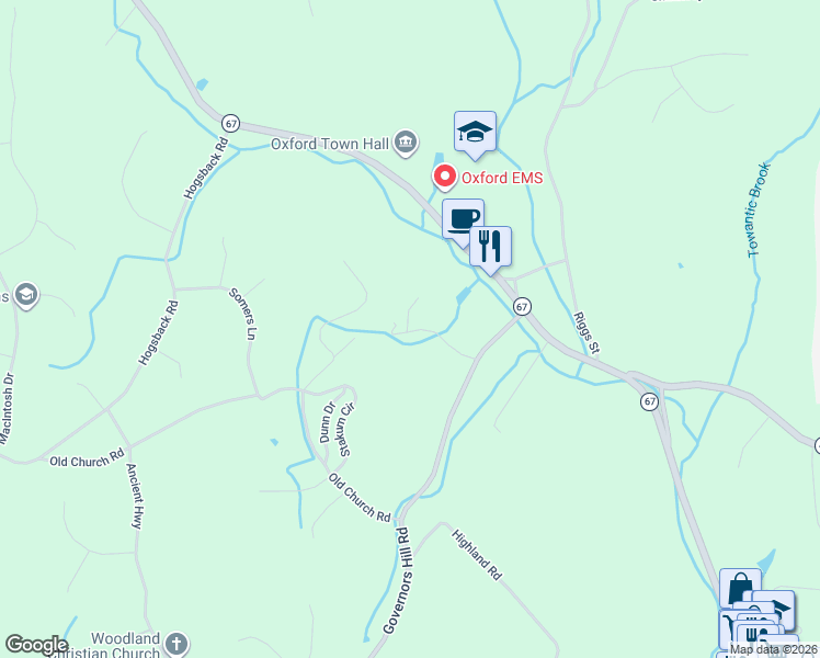 map of restaurants, bars, coffee shops, grocery stores, and more near 10 Randall Drive in Oxford