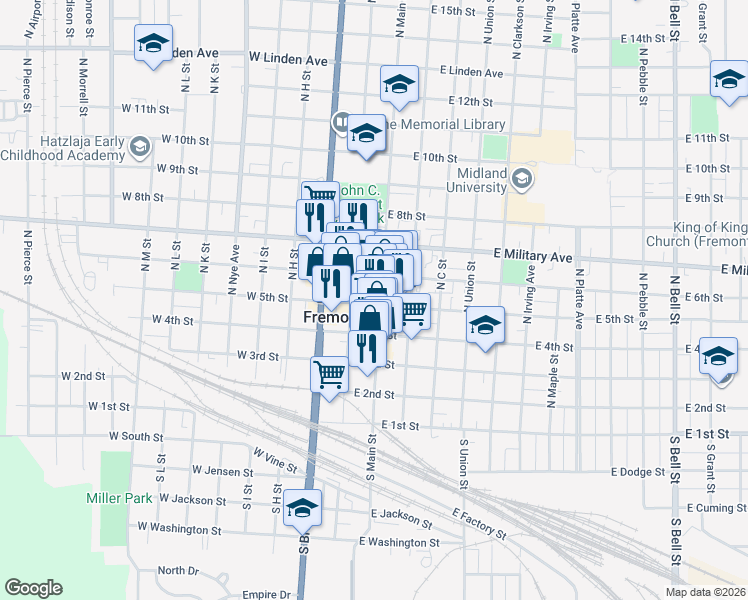 map of restaurants, bars, coffee shops, grocery stores, and more near 505 North Main Street in Fremont