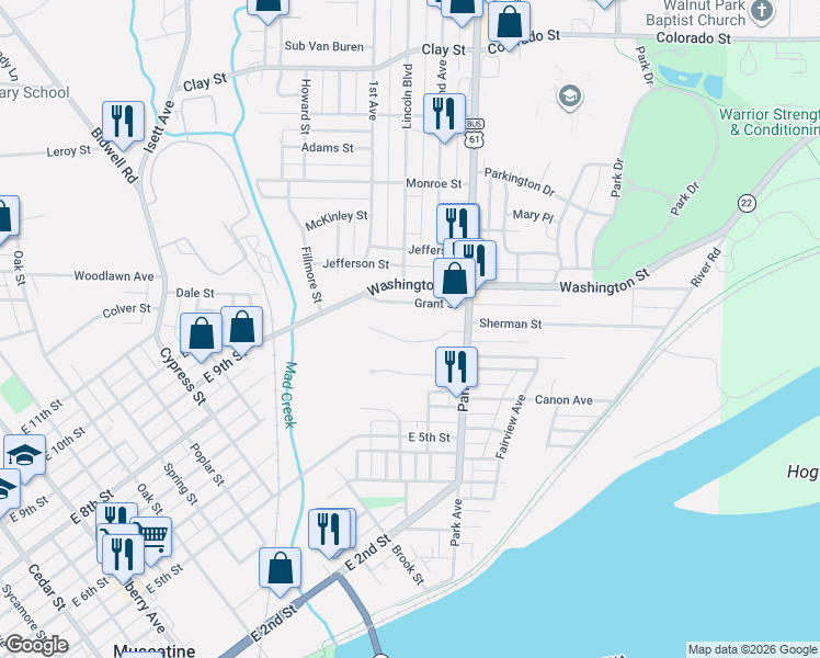 map of restaurants, bars, coffee shops, grocery stores, and more near 1532 Grant St in Muscatine