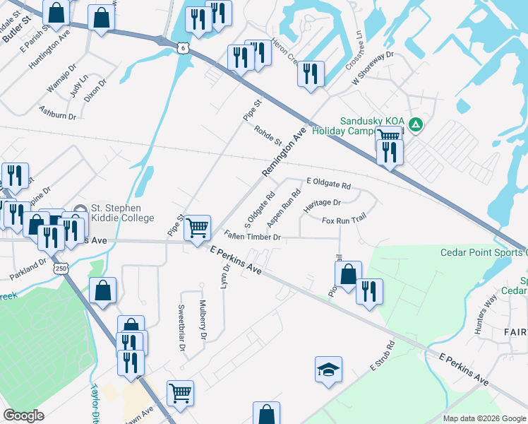 map of restaurants, bars, coffee shops, grocery stores, and more near 2108 South Oldgate Road in Sandusky