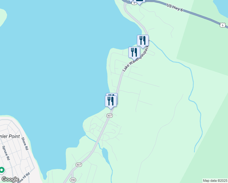 map of restaurants, bars, coffee shops, grocery stores, and more near 185 Route 507 in Hawley
