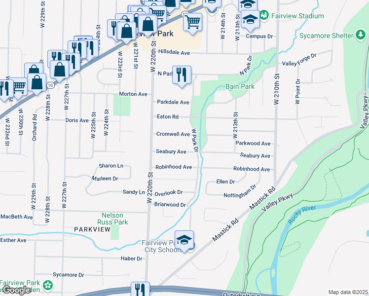 map of restaurants, bars, coffee shops, grocery stores, and more near 21745 Cromwell Avenue in Fairview Park
