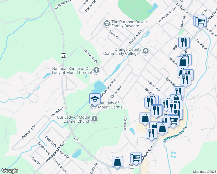 map of restaurants, bars, coffee shops, grocery stores, and more near 182 Wawayanda Avenue in Middletown