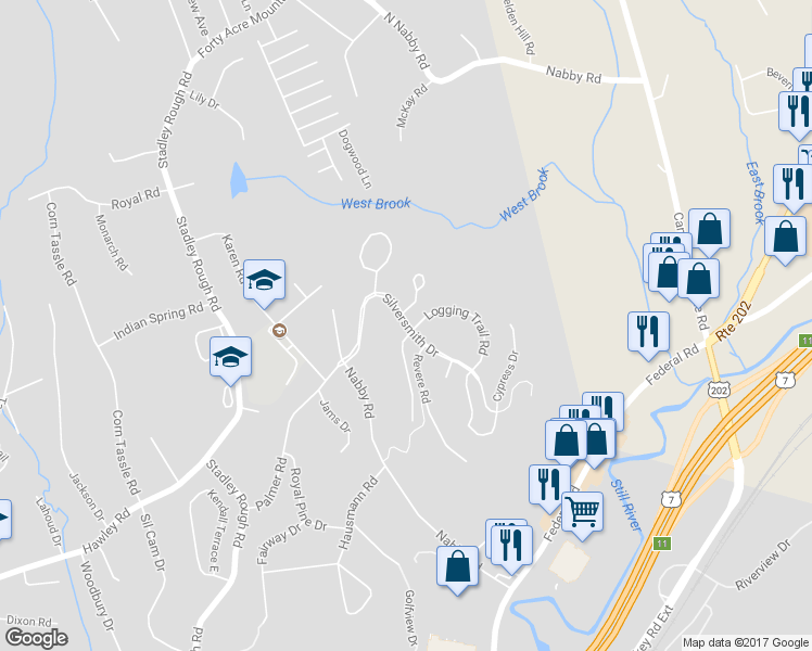map of restaurants, bars, coffee shops, grocery stores, and more near 1804 Revere Road in Danbury