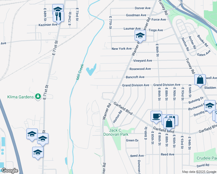 map of restaurants, bars, coffee shops, grocery stores, and more near 7706 Grand Division Avenue in Garfield Heights