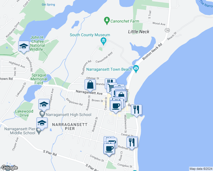 map of restaurants, bars, coffee shops, grocery stores, and more near 2 Caswell Street in Narragansett