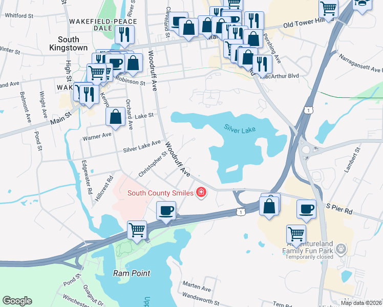 map of restaurants, bars, coffee shops, grocery stores, and more near 245 Woodruff Avenue in South Kingstown