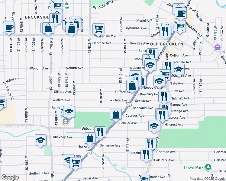 map of restaurants, bars, coffee shops, grocery stores, and more near 4209 Ardmore Avenue in Cleveland