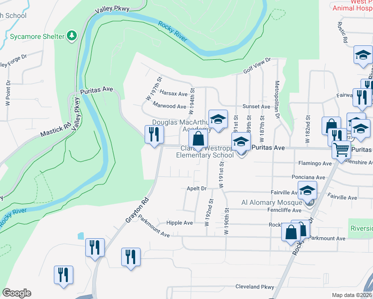 map of restaurants, bars, coffee shops, grocery stores, and more near 19310 Puritas Avenue in Cleveland