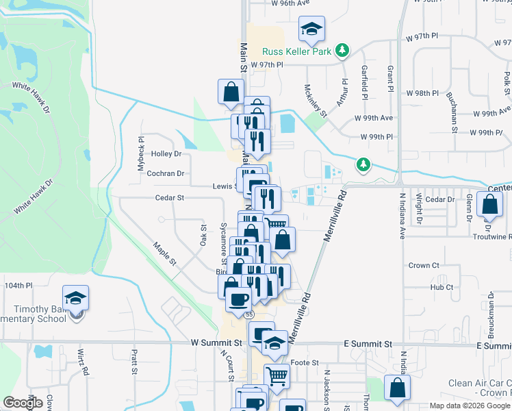 map of restaurants, bars, coffee shops, grocery stores, and more near 1396 Indiana 55 in Crown Point