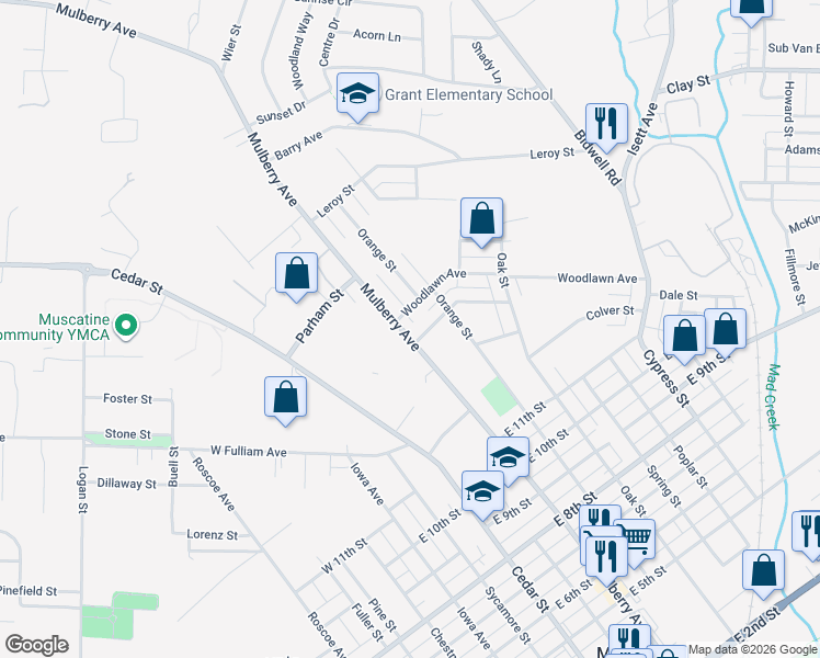 map of restaurants, bars, coffee shops, grocery stores, and more near 512-516 Woodlawn Avenue in Muscatine