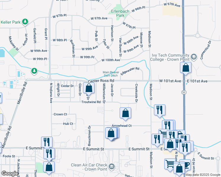 map of restaurants, bars, coffee shops, grocery stores, and more near 1377 Jacob Drive in Crown Point