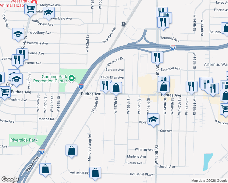 map of restaurants, bars, coffee shops, grocery stores, and more near 15627 Mina Avenue in Cleveland