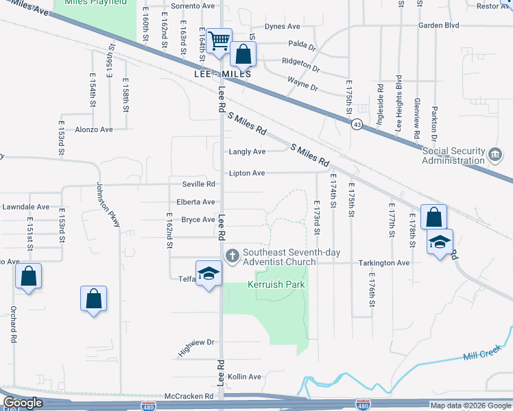 map of restaurants, bars, coffee shops, grocery stores, and more near 16812 Meadowvale Avenue in Cleveland
