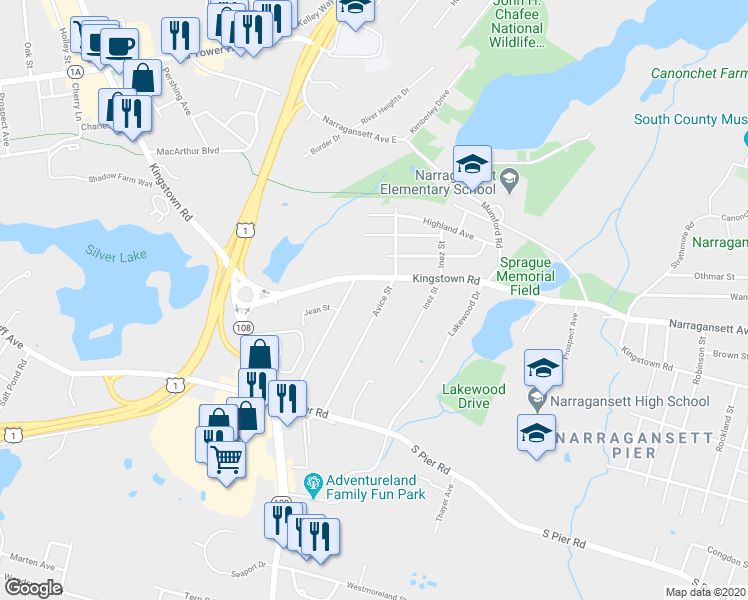 map of restaurants, bars, coffee shops, grocery stores, and more near 70 Avice Street in Narragansett